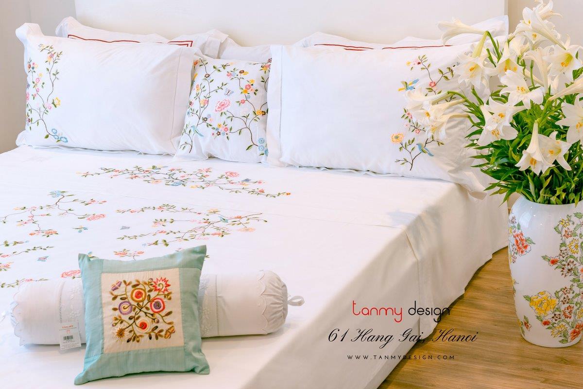 Top sheet with 2 pillowcases peach blossom embroidery
